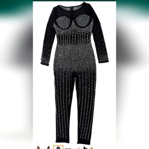 Autumn & Winter Elegant Jumpsuits with Long Sleeve Sequins Mesh Rhinestones